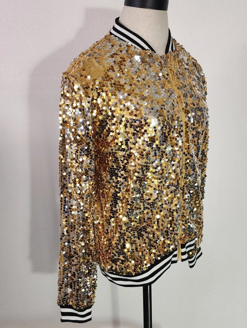 Anna-Kaci Jacket Gold Sequin Bomber Style Sparling Gold Size S - Picture 12 of 17